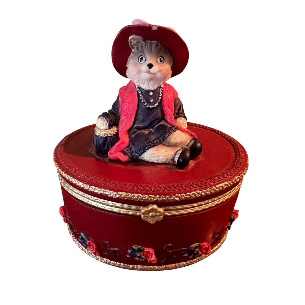 Vintage Y2K Heather Hykes CatNip Red Hat Cat Trinket Jewelry Box Artisan Flair